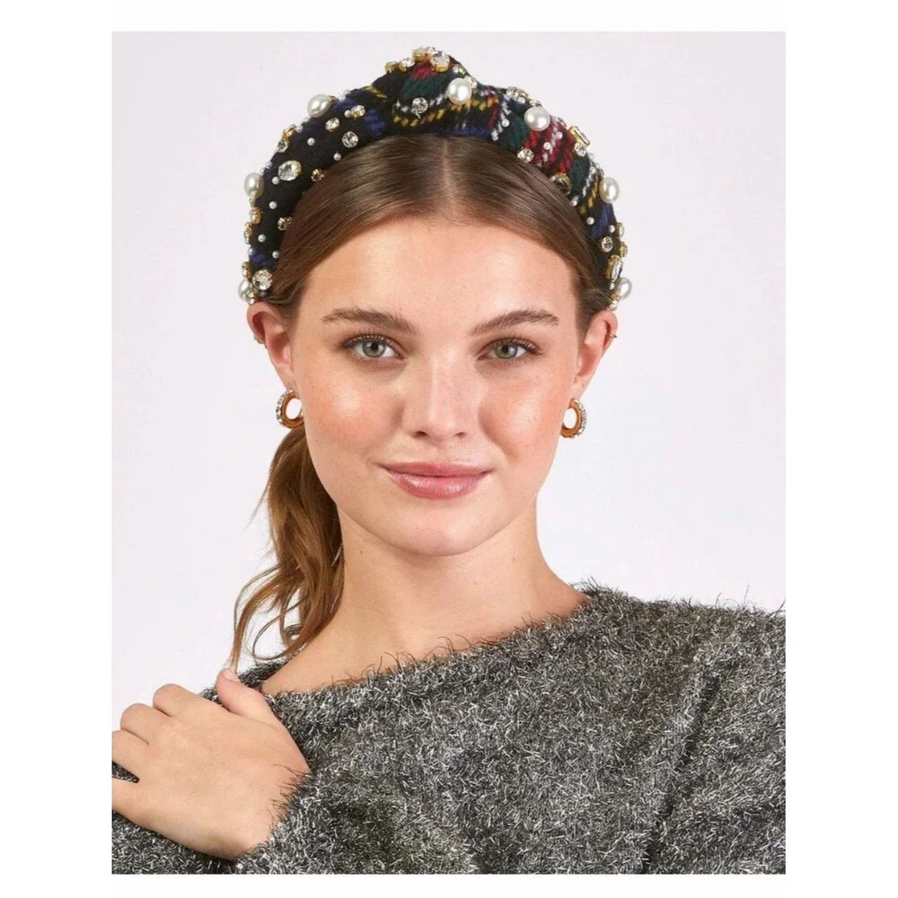Lele Sadoughi Pearl and Crystal Flannel Knotted Headband Jet Plaid One Size